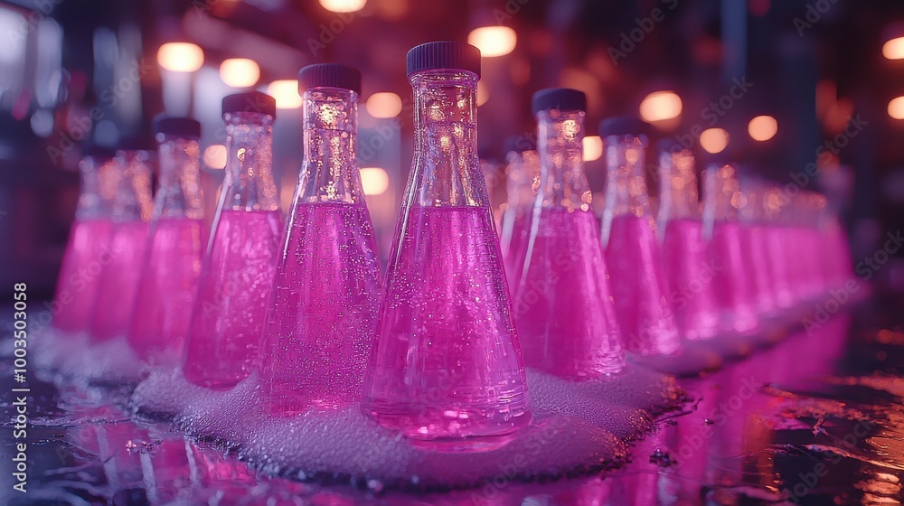 Poster colorful lab setup showcasing multiple glass flasks with pink liquid and bubbles, illuminated by war