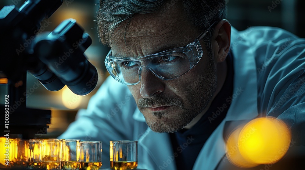 Poster scientist examining samples under microscope in a laboratory during evening hours, focusing on resea
