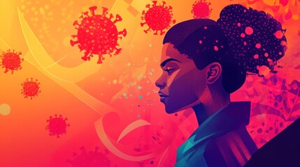 A stylized portrait of a woman against a vibrant background featuring COVID-19 virus illustrations.