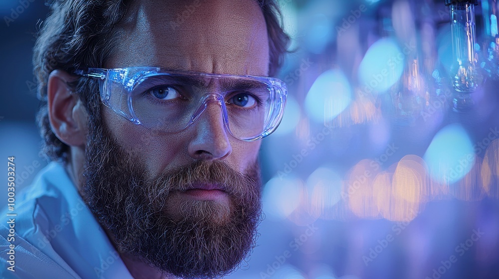 Poster a focused scientist analyzes data in a laboratory filled with glassware during evening hours