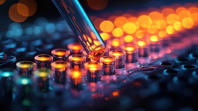 A close-up of a pipette dispensing liquid onto brightly illuminated test tubes in a laboratory setting at night