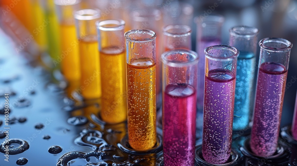 Poster colorful test tubes filled with bubbling liquids on a dark surface during a science experiment in a 