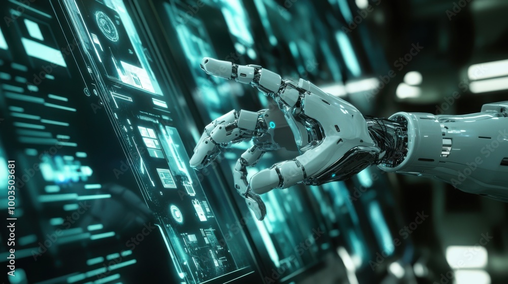 Poster a futuristic scene of a humanoid cyborg using a bionic hand to control a massive ai