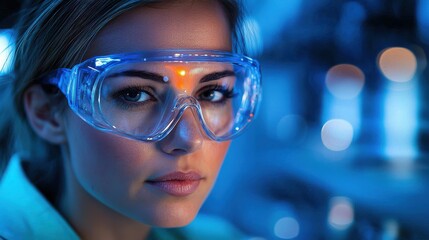 Scientist in protective eyewear focuses on research in a laboratory during late evening hours
