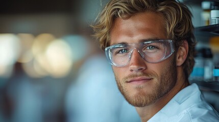 Obraz premium Young man with blonde hair and glasses smiling confidently in a laboratory setting during daylight hours