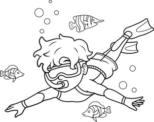 Cartoon little boy diving in underwater line art
