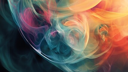 Obraz premium An abstract image with swirling shapes in various shades of blue, pink, orange and red. The background is black.