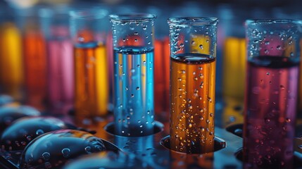 Vibrant test tubes with colorful liquids and bubbles displayed on a laboratory rack during an experimental setup