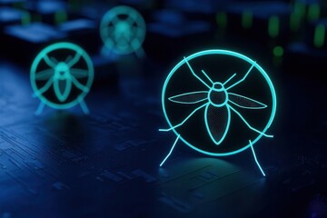 Digital illustration of a city under quarantine with giant mosquito symbols, highlighting the severity of an insect outbreak, quarantine zone, mosquito threat