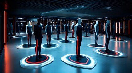 Futuristic Mannequins on Illuminated Platforms in a Modern Retail Store