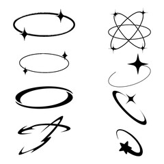 Black and White Y2K Elements Vector Illustration Set. Hand Drawn Oval Circle Highlight Sketch on White Background. Sparkle Orbiting Stars Icon Design.