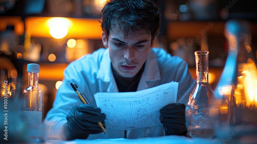 Poster young scientist conducting research in a dimly lit laboratory while analyzing data on paper