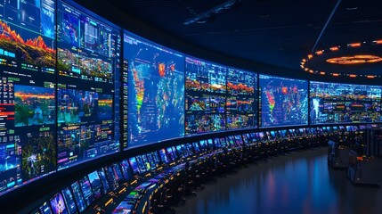 Fototapeta premium Futuristic Control Room with Global Data Visualization Screens