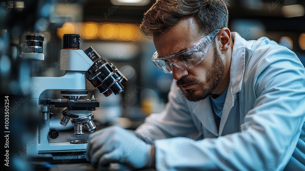 Poster scientist conducting research with a microscope in a lab at night, focusing on intricate details of 