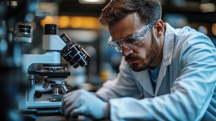 Scientist conducting research with a microscope in a lab at night, focusing on intricate details of a biological sample