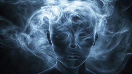 Fototapeta premium A surreal depiction of a head surrounded by swirling smoke, suggesting introspection and mystery.