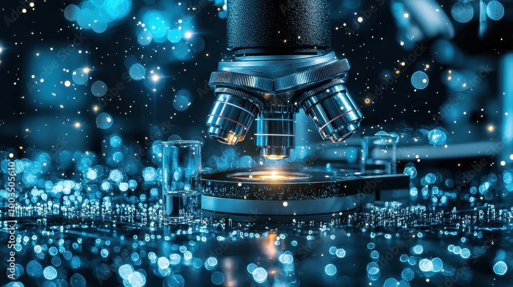 Poster close-up view of a microscope examining a specimen on a gleaming circuit board in a well-lit laborat