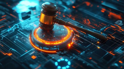 Glowing futuristic interface with a wooden gavel, symbolizing the intersection of law and cutting-edge technology.