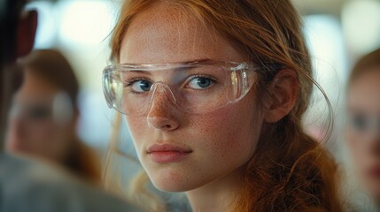 Young student in safety goggles focused on classroom experiment indoors during a science lesson on a sunny day - Powered by Adobe