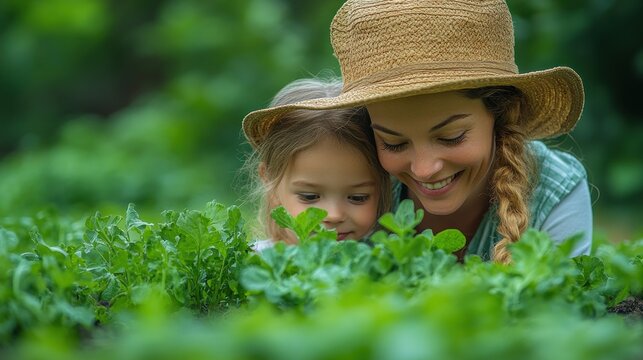 A mother and daughter joyfully gardening together. - Powered by Adobe