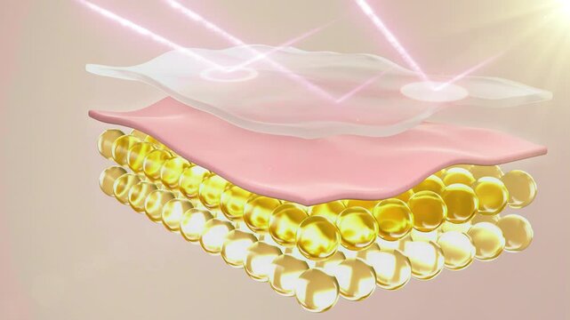 The skin block with its structural layers slowly levitates along with the sun protection layer that reflects UV rays, the perfect 3D motion video template for sunscreen advertising.