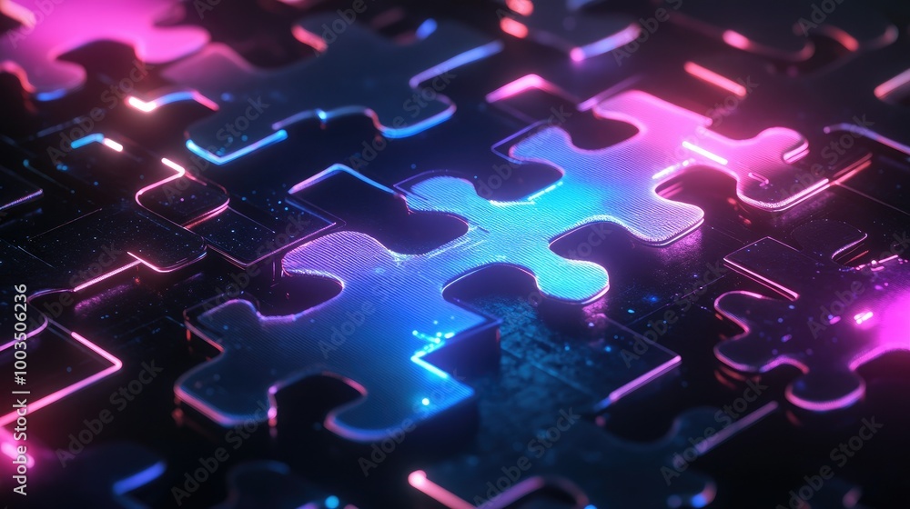 Poster glowing neon puzzle pieces aligning perfectly on a futuristic digital interface, symbolizing api int