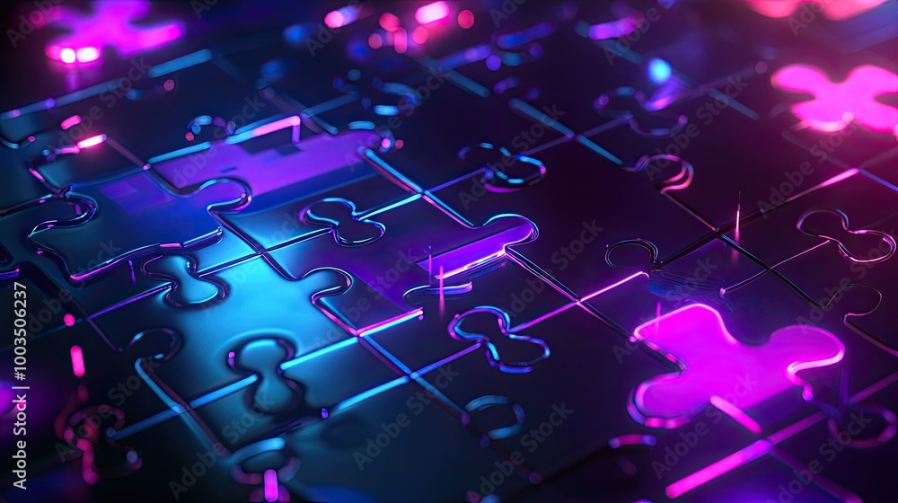 Poster glowing neon puzzle pieces aligning perfectly on a futuristic digital interface, symbolizing api int