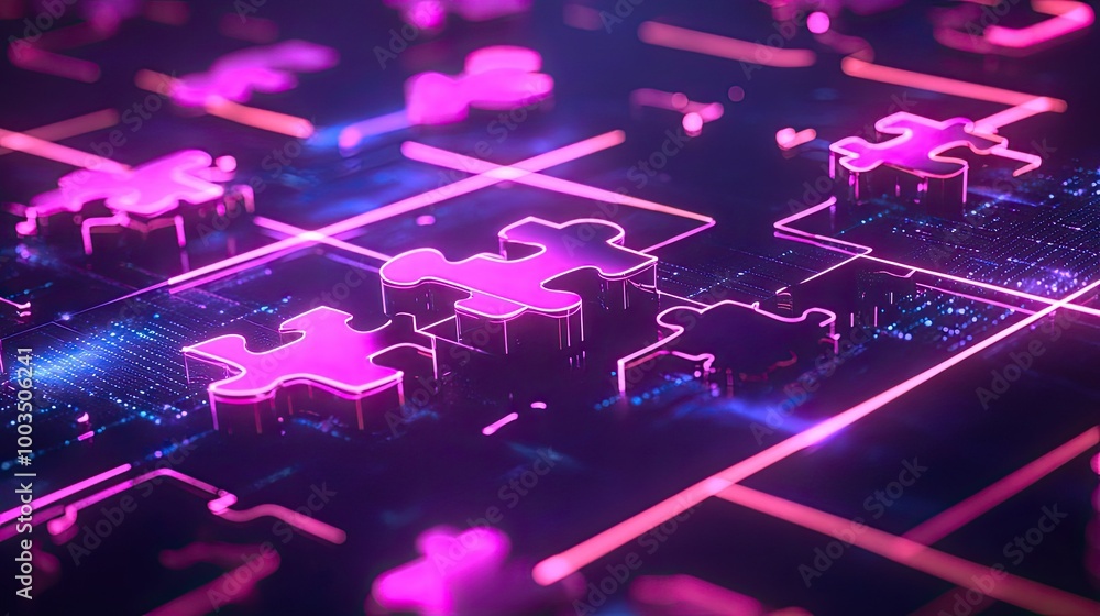 Poster glowing neon puzzle pieces aligning perfectly on a futuristic digital interface, symbolizing api int