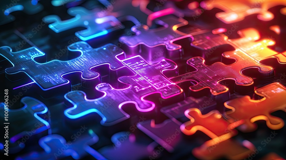 Poster glowing neon puzzle pieces combining in a digital environment, symbolizing api integration for smoot