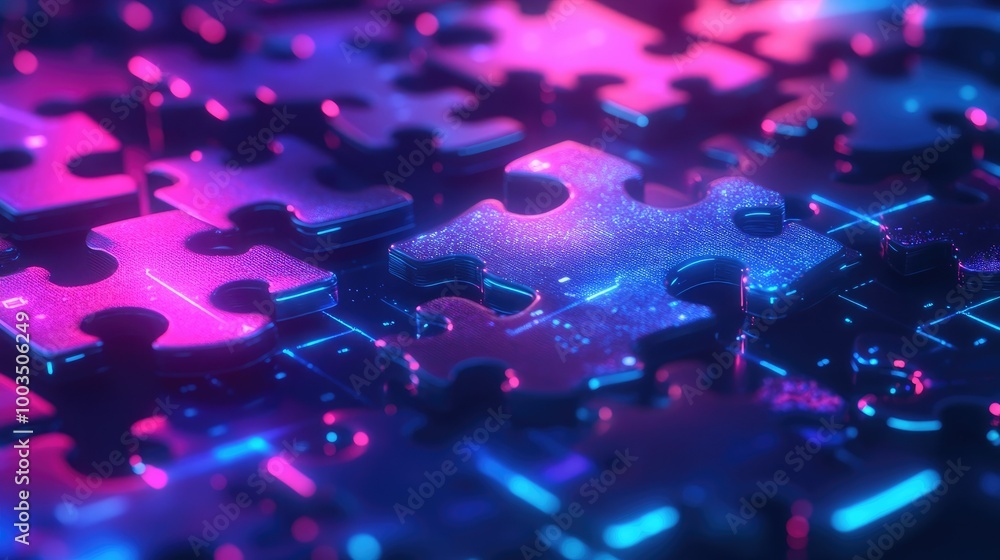 Poster glowing neon puzzle pieces combining in a digital environment, symbolizing api integration for smoot
