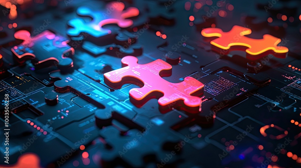 Poster glowing neon puzzle pieces combining on a high-tech platform, symbolizing api integration for seamle