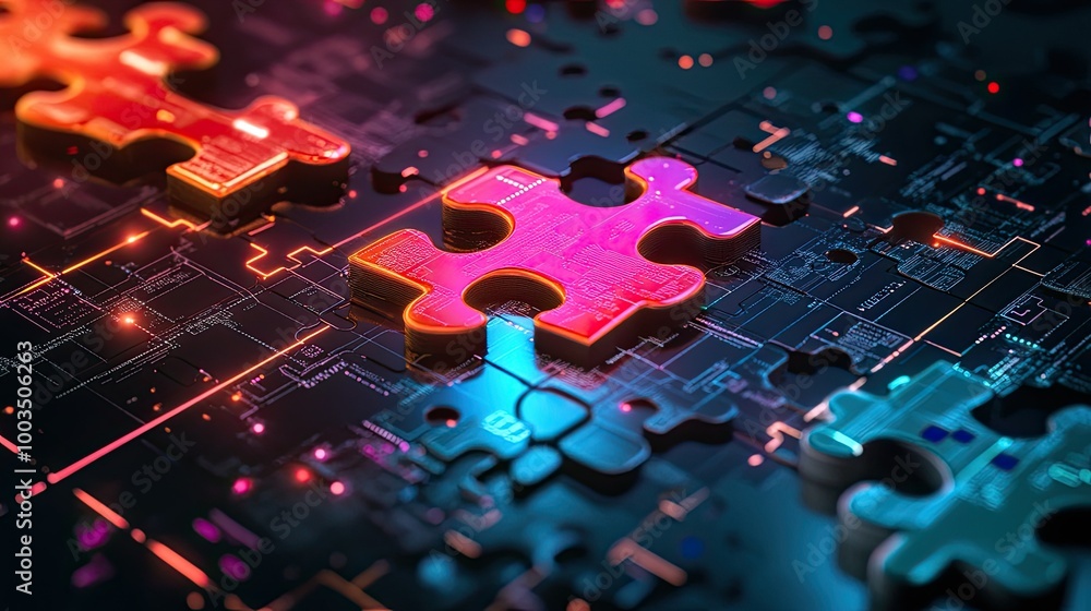 Poster glowing neon puzzle pieces combining in a digital environment, symbolizing api integration for smoot