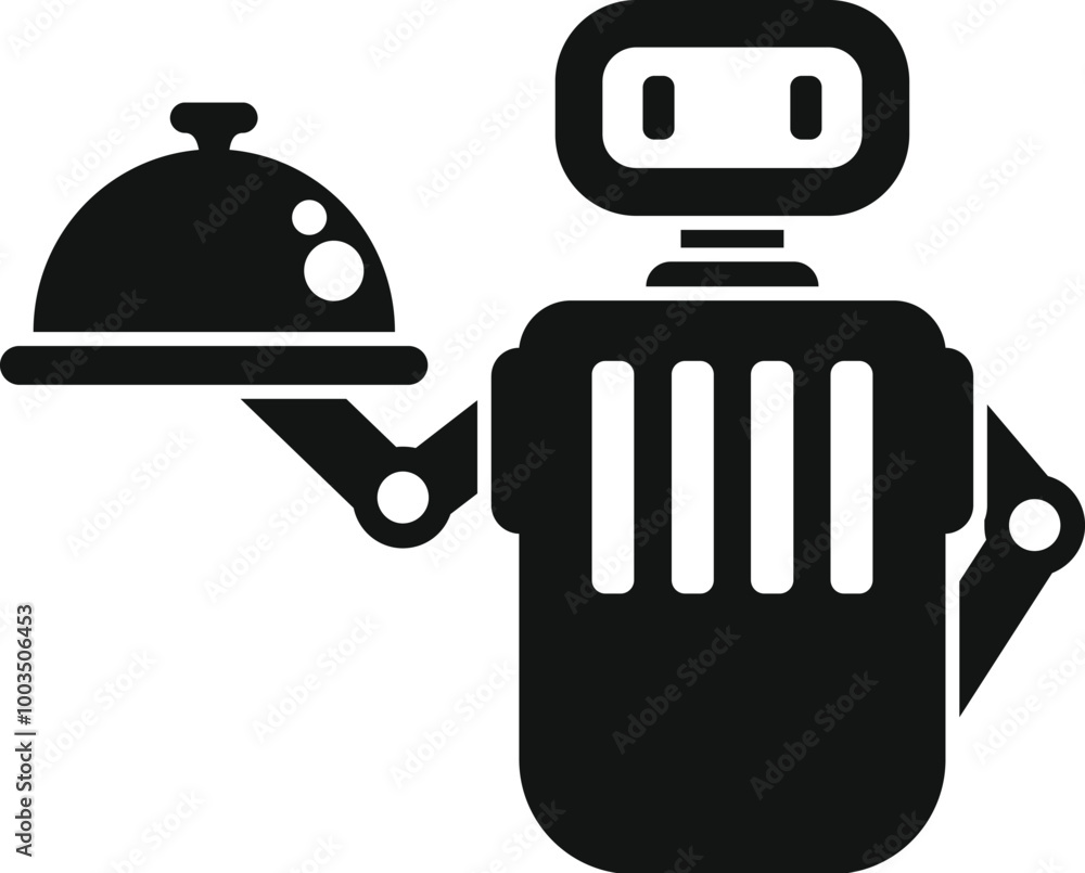 Poster robot waiter holding a covered tray icon in glyph style, suitable for any purpose related to food se