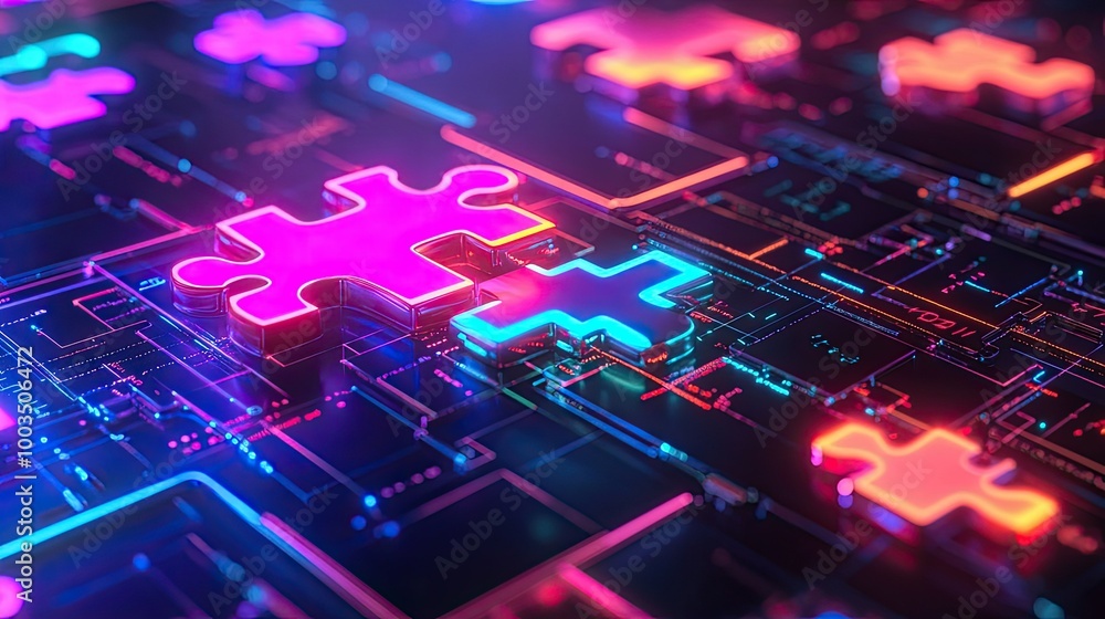 Poster glowing neon puzzle pieces connecting on a digital interface, representing api integration in a tech