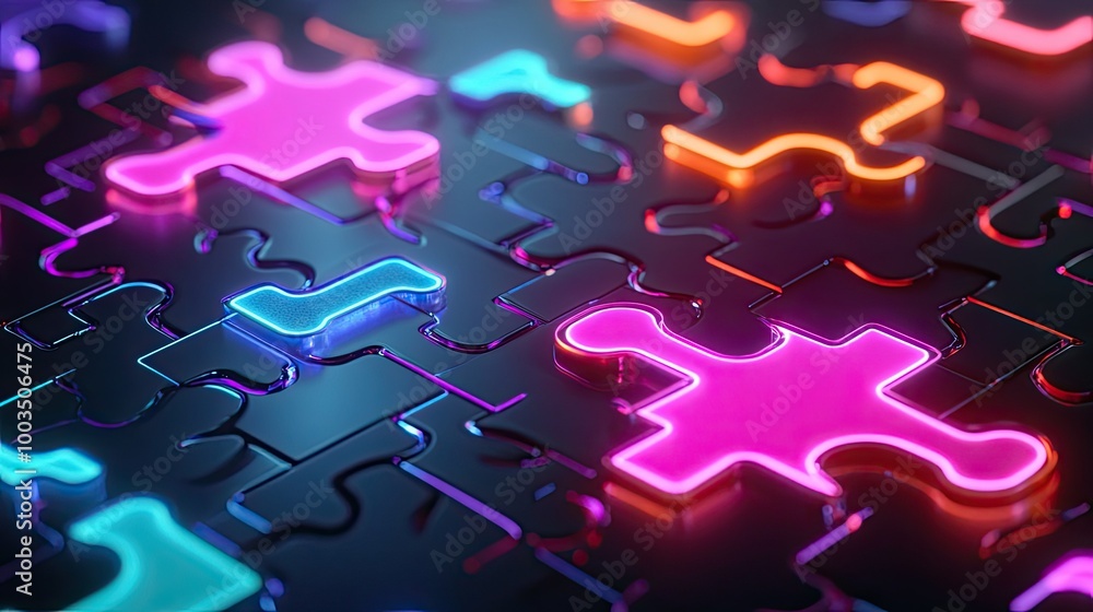 Poster glowing neon puzzle pieces connecting on a digital interface, representing api integration in a tech