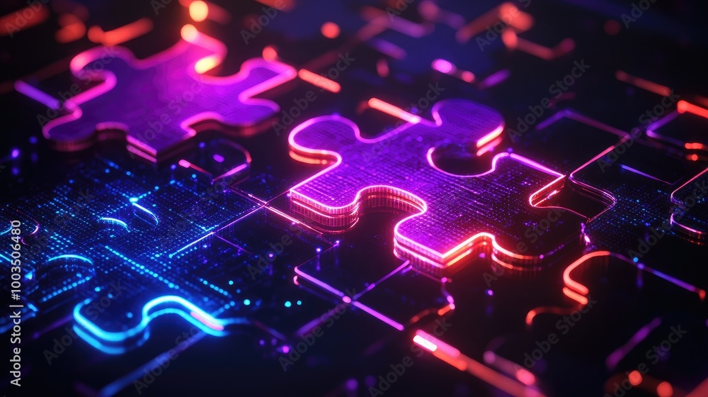 Poster glowing neon puzzle pieces connecting in a digital environment, symbolizing api integration and data
