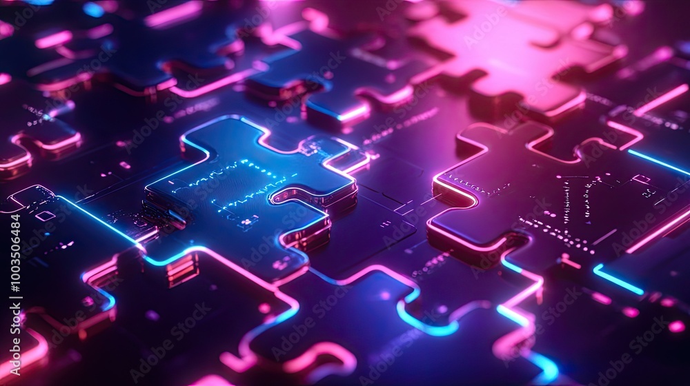 Poster glowing neon puzzle pieces connecting on a digital interface, representing api integration in a tech