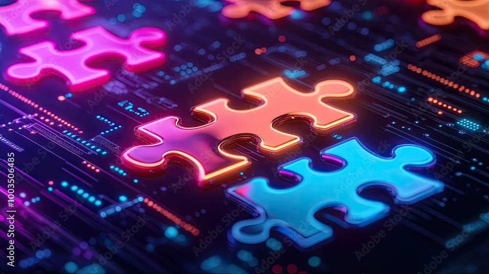 Poster glowing neon puzzle pieces connecting on a digital interface, representing api integration in a tech