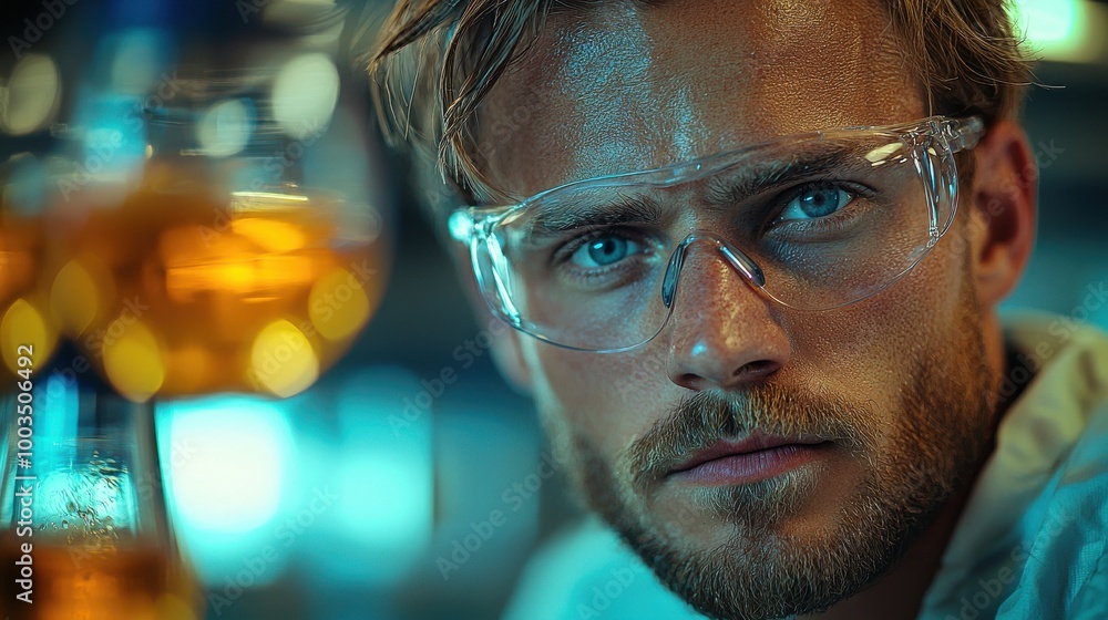 Poster a focused scientist examining a lab sample with precision during a late evening experiment in a mode