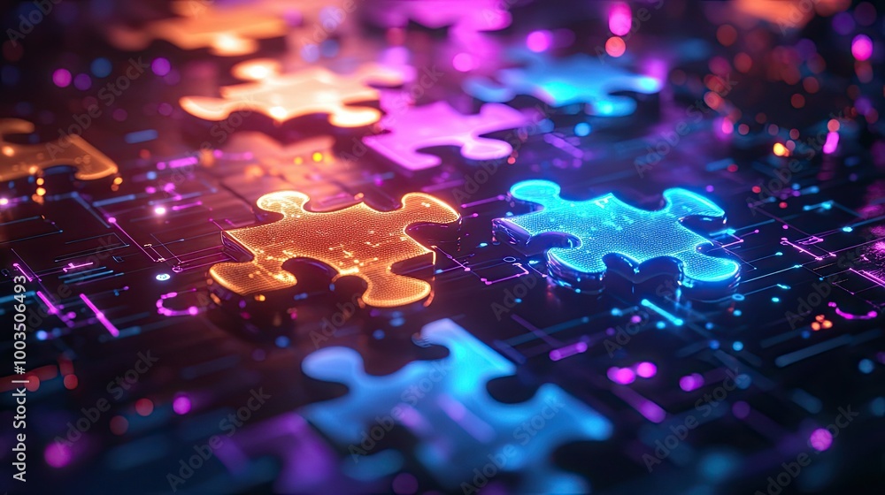 Poster glowing neon puzzle pieces locking into place on a digital interface, symbolizing api integration an