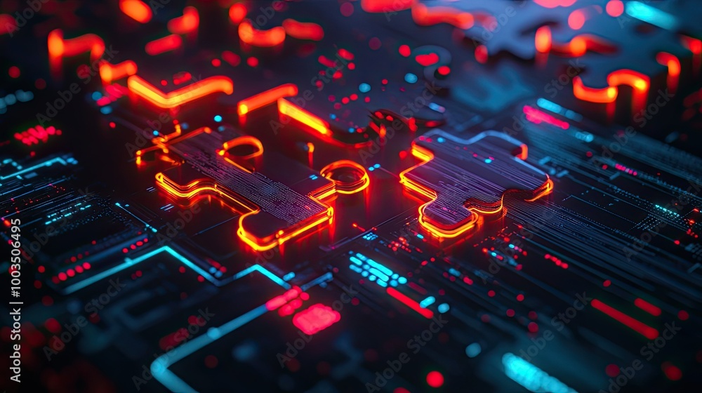 Poster glowing neon puzzle pieces locking into place on a digital interface, symbolizing api integration an