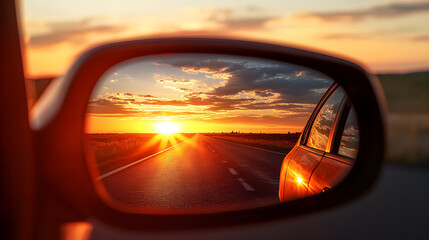 Sunset Reflected in a Cars Rearview Mirror