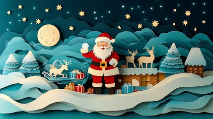 Santa Claus in a paper-cut art scene, standing on a snowy rooftop, delivering gifts with his sleigh and reindeer in the background, stars twinkling overhead, intricate layers of snow and rooftops,