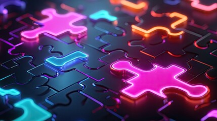Glowing neon puzzle pieces connecting on a digital interface, representing API integration in a tech-driven world