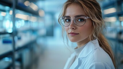 Obraz premium Young female scientist wearing glasses in a laboratory during the day, focusing on research with shelves of lab equipment in the background