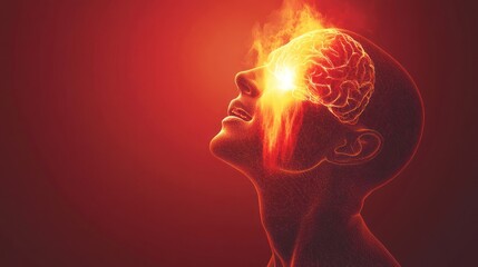 A surreal representation of a human head with a glowing brain, symbolizing intense thought or creativity.
