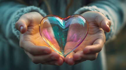 Woman holding a glowing glass heart in her hands
