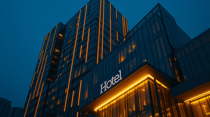 Modern hotel building with illuminated windows at night