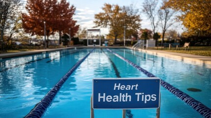 A swimming pool with a sign promoting heart health tips amidst autumn foliage.