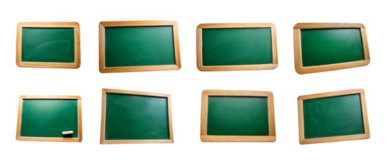 Collection of wooden framed chalkboards, isolated on a white background.
